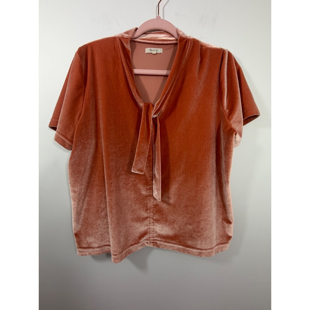 Madewell Womens XL Velvet Tie Neck Top Burnt Orange Rust Short Sleeve Blouse